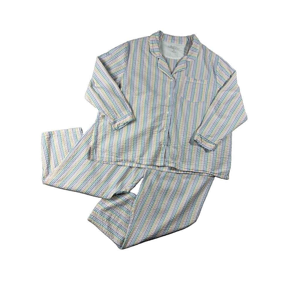Vermont Country Store Seersucker Cotton Pastel Striped Pajama Set Women 3X